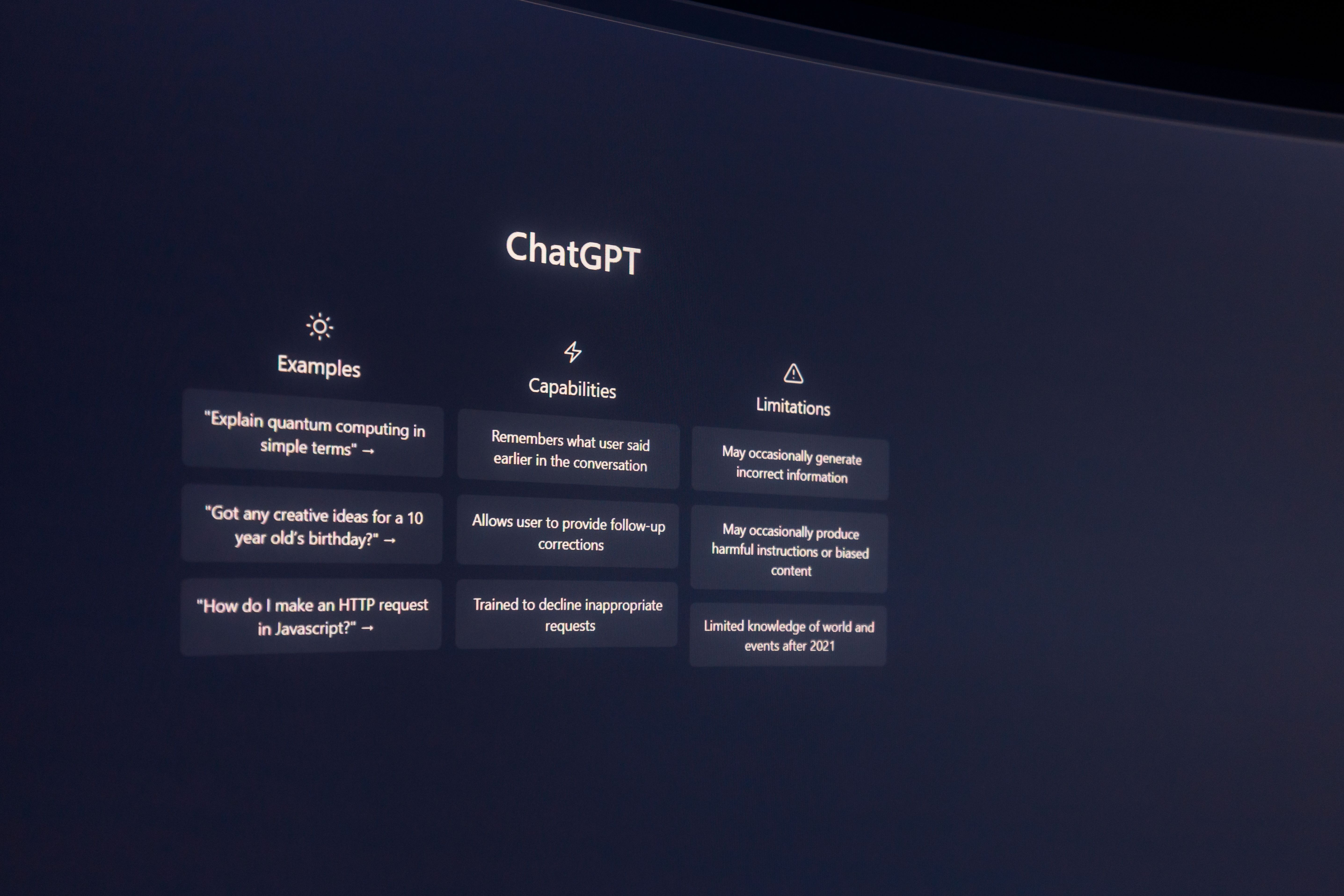 Screen displaying ChatGPT examples, capabilities, and limitations.