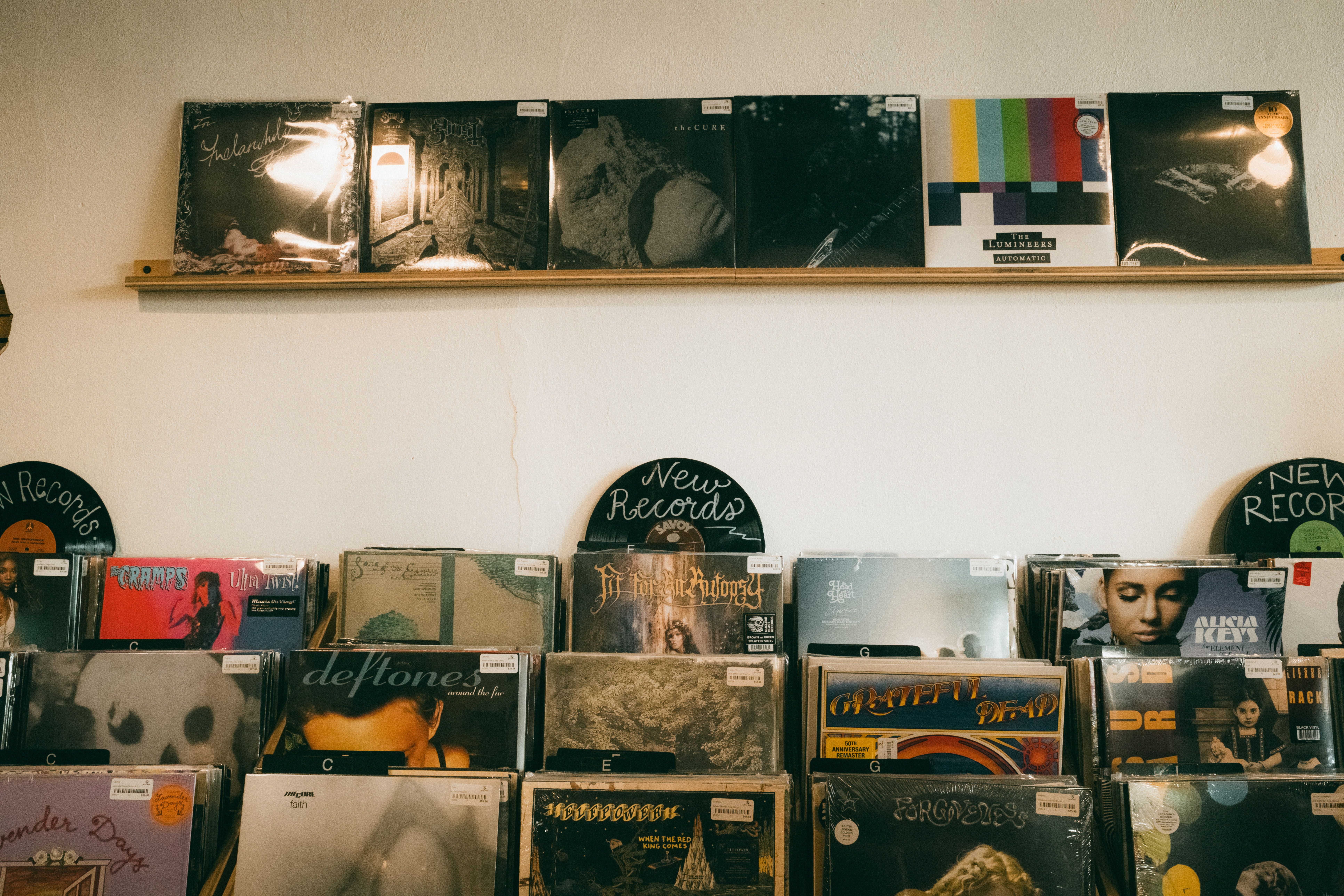 Vintage vinyl records neatly displayed in a cozy indoor record shop, ideal for music enthusiasts.
